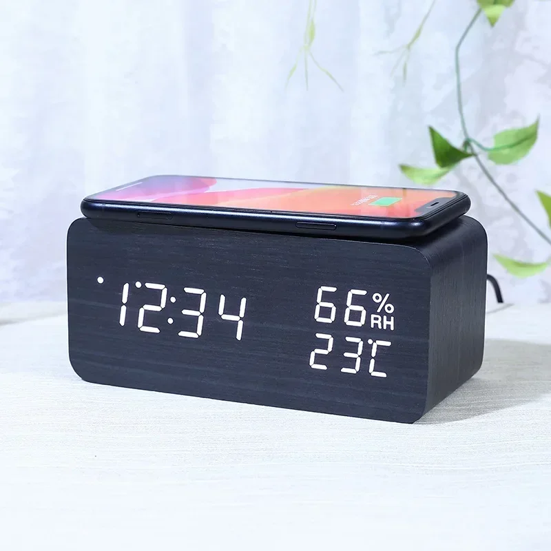 Display Wireless Clock Wooden Humidity For Desk Table Charging Alarm Thermometer Bedroom Digital