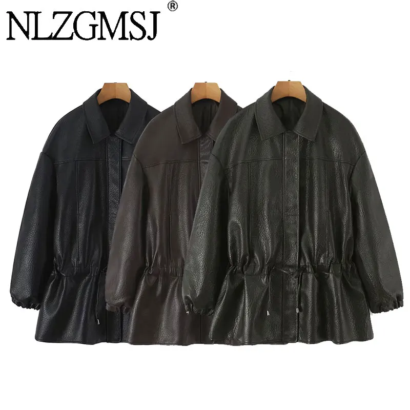 Nlzgmsj 2026 Autumn Women Faux Leather Jacket Lapel Drawstring Waist Loose Long Sleeve PU Coat Casual Mid Length Outerwear
