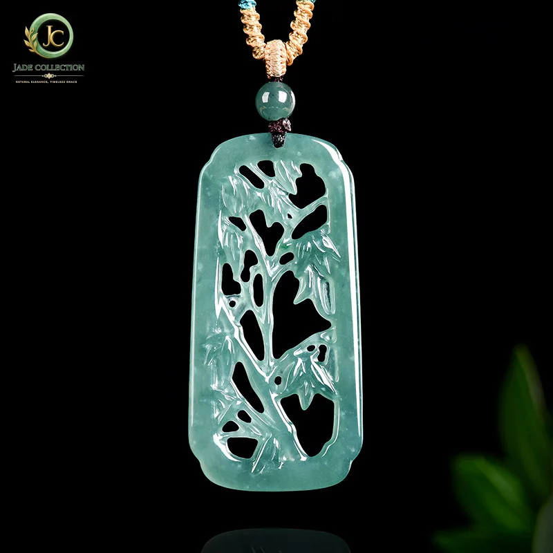 NaturalaJadeite blue water hollow bamboo pendant, ice jade artistic conception, Chinese style hanging ornament for men and women