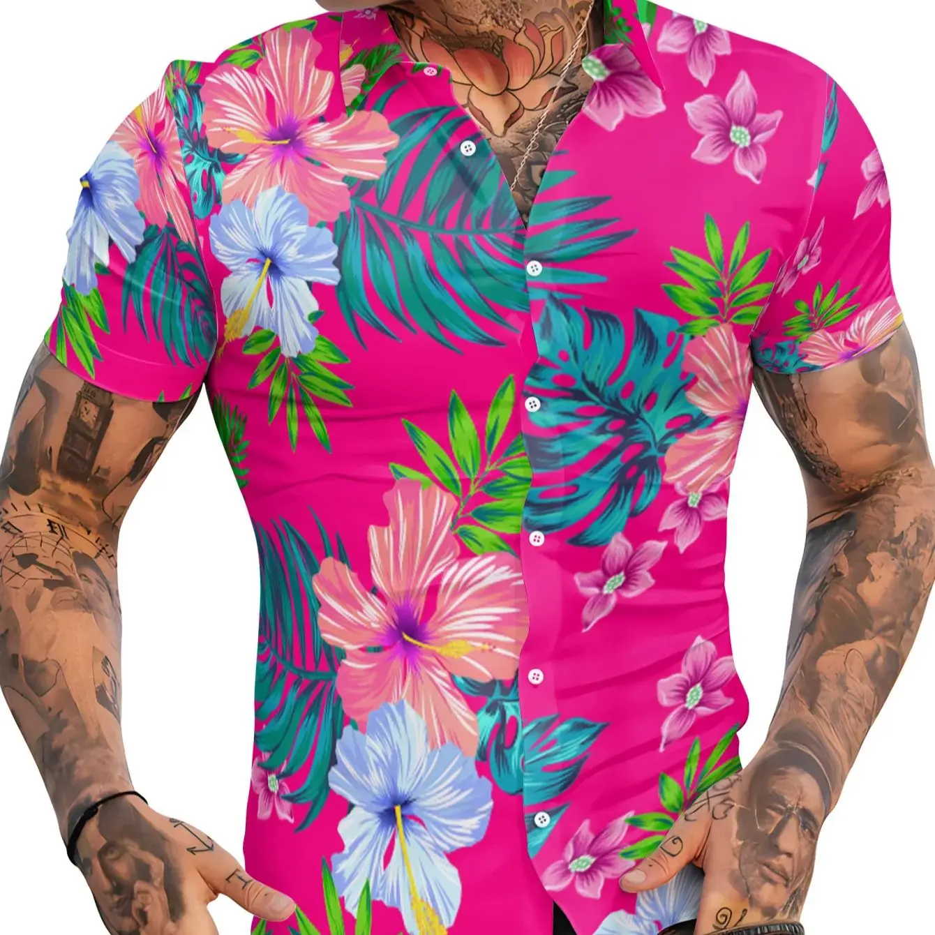 Flower Men\'s Hawaiian Shirts, Summer Beach Casual Short Sleeve Button Down Shirts, Tropical Holiday Beach Shirts with Pocket