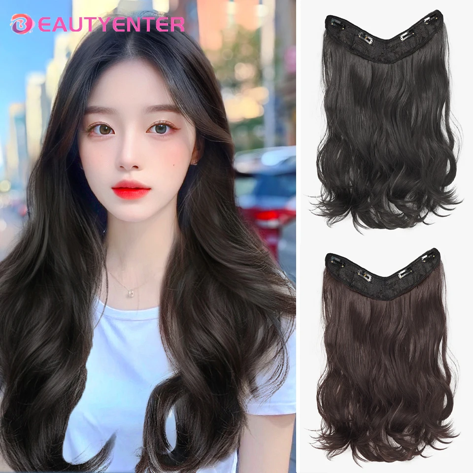 BEAUTYENTER Synthetic Long Straight V-tip Clip in Hair Extension Heat Resistant Wavy False Hair High Temperature Fiber Hairpiece