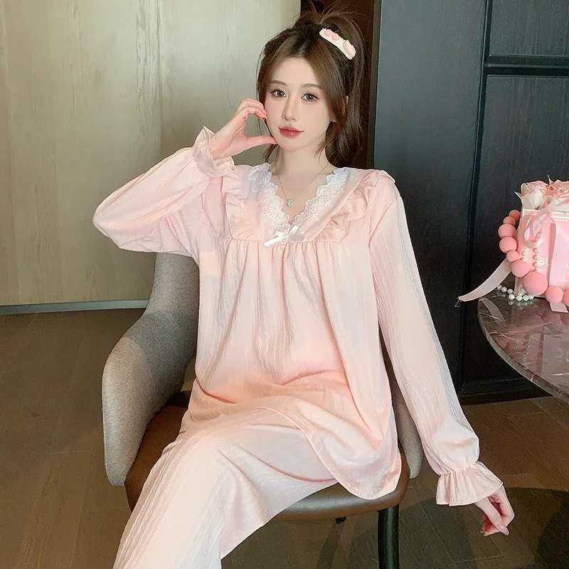 

2025 Autumn Long Sleeve Sexy Lace V-neck Cotton Pajama Sets for Women Korean Cute Sleepwear Homewear Pijama Mujer Home Clothes