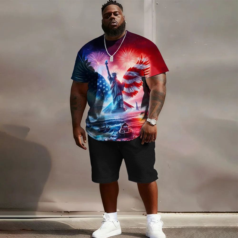 

S-9xl plus size Men's Short Sleeve Set: Flag-Inspired Chic - 2-Piece Big & Tall Fit, Soft Fabric, Sleek Minimalist Flag Prints
