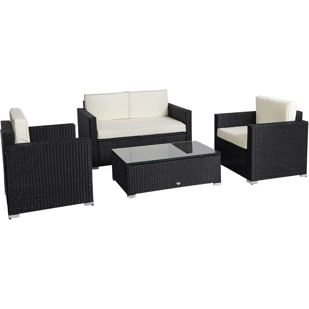 4 Piece Wicker Patio Furniture Set with Cushions, Outdoor Sectional Furniture with 2 Sofa, Loveseat, and Glass Top Coffee Table