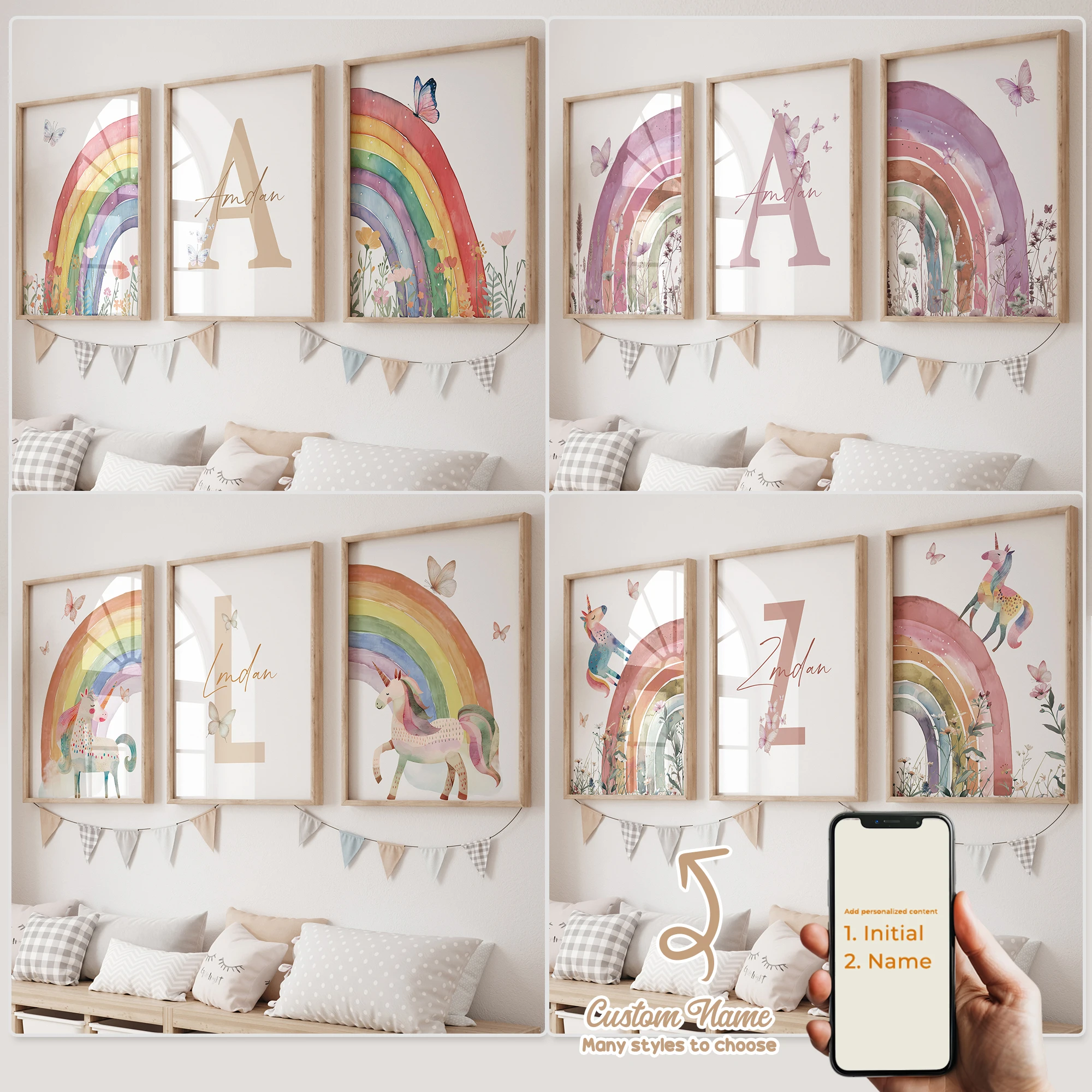 3 stücke Personalisierte Benutzerdefinierte Name Cartoon Regenbogen Wand Kunstdruck Bild Leinwand Poster Malerei Für Wohnzimmer Wohnkultur Geschenk