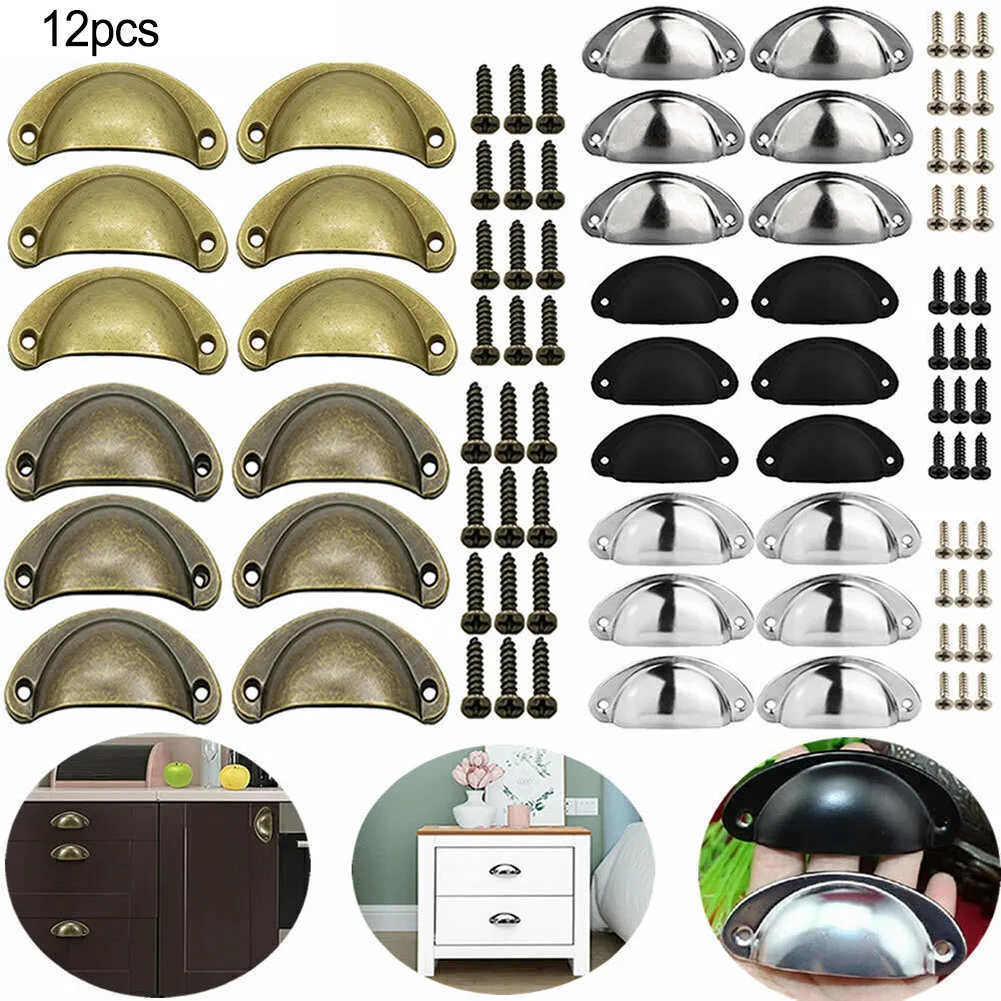 12Pcs Shell Furniture Handles Cabinet Pulls Drawer Knobs Half Moon Kitchen Cupboard Wardrobe Door Handle Antique Hardware
