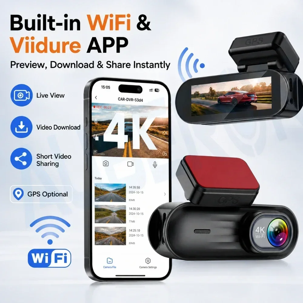 4K Dash Cam Front 1080P Rear Driving Recorder Camera WiFi APP Control Night Vision G-Sensor Loop Recording 24H Parking Monitor
