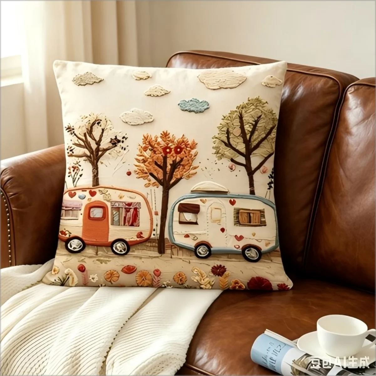 Niedlicher Wohnmobil-Kissenbezug 2D Faux-Stickerei-Druck Retro Wohnwagen Waldlandschaft Kissenhülle für Sofa Bett Couch Rustikal
