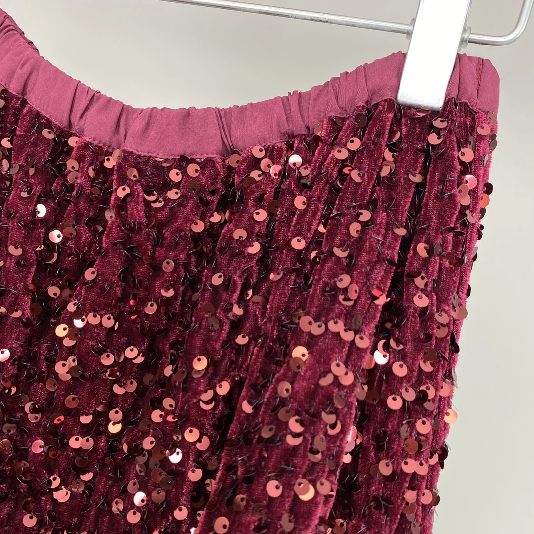 Early Autumn New Style Corduroy Sequined Mid-Length Skirt Elastic Waist Red High Waist Slimming Slit For Women