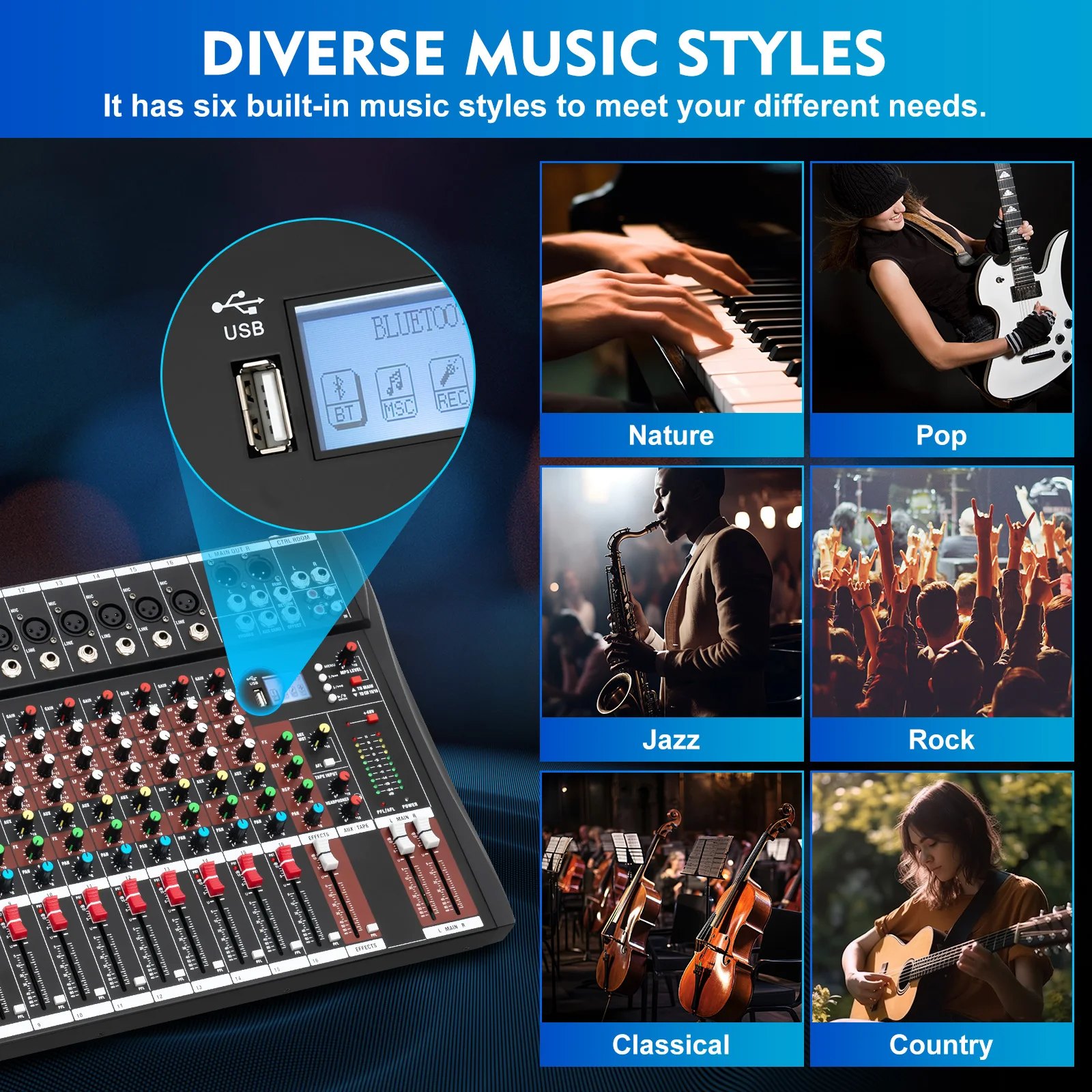 16/8-Channel Professioneller Mixer, Soundboard Konsole with Bluetooth USB PC Recording Input XLR Microphone Jack 110V