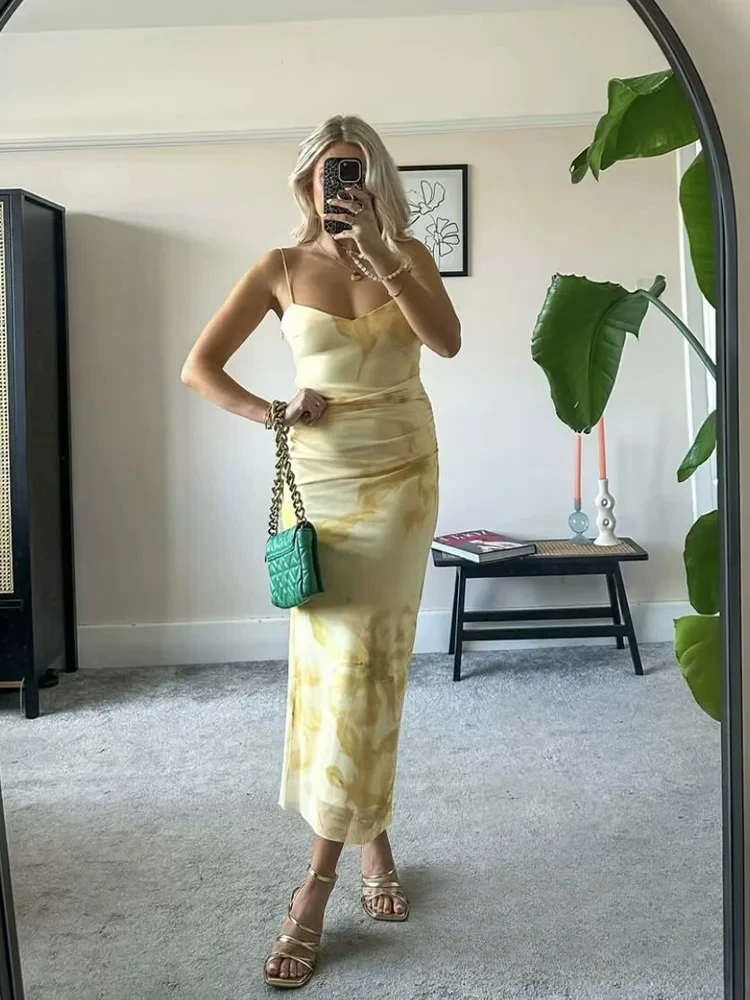 KONDALA Seksowna, elegancka sukienka damska na ramiączkach, żółty wzór, bez rękawów, siateczka, tiulowa, prosta sukienka typu vestidos, modna sukienka letnia na plażę 2025