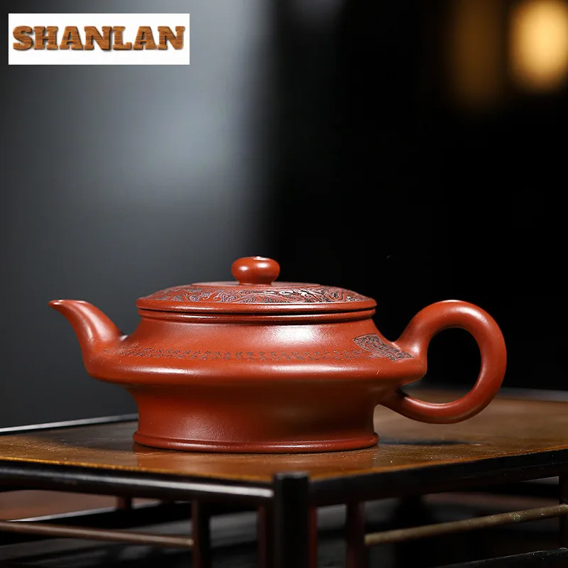 

220ml Creative Yixing Purple Clay Teapots Famous Artists Handmade Flat Abdomen Pot Raw Ore Dahongpao Mud Kettle Zisha Tea Set