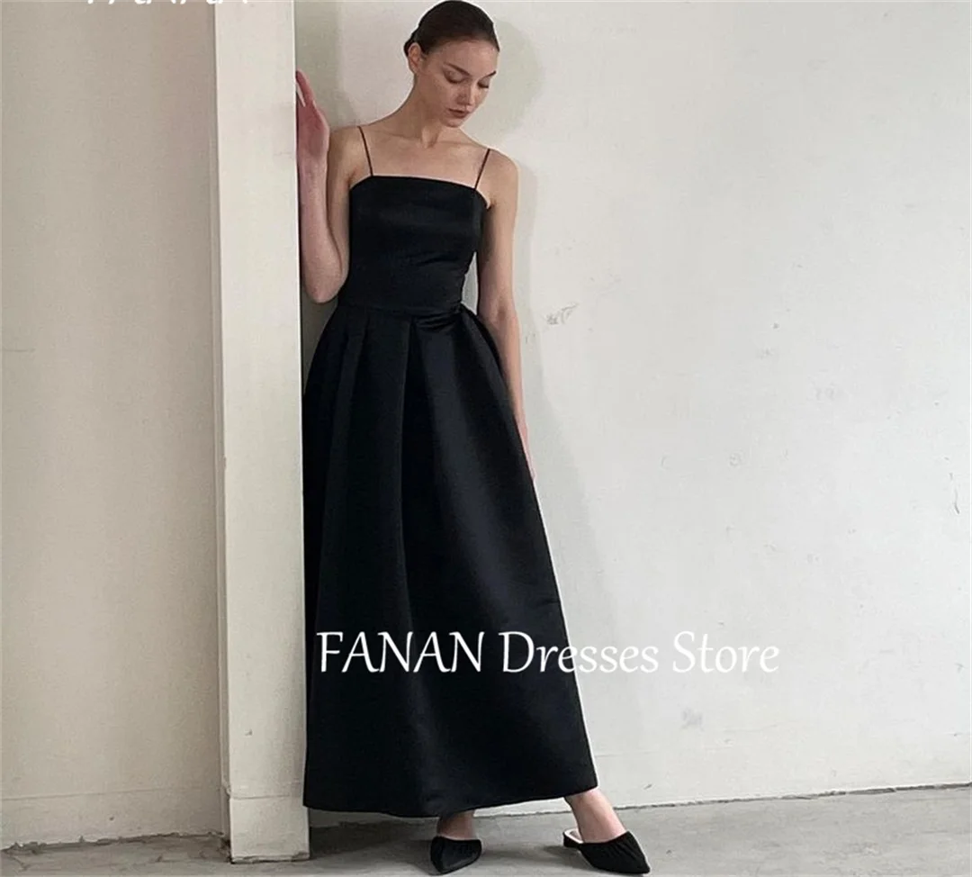 FANAN Spaghetti Straps Evening Party Dresses Fashion Satin Black Ankle Length Korea Wedding Women Formal Gowns Event Prom Gowns