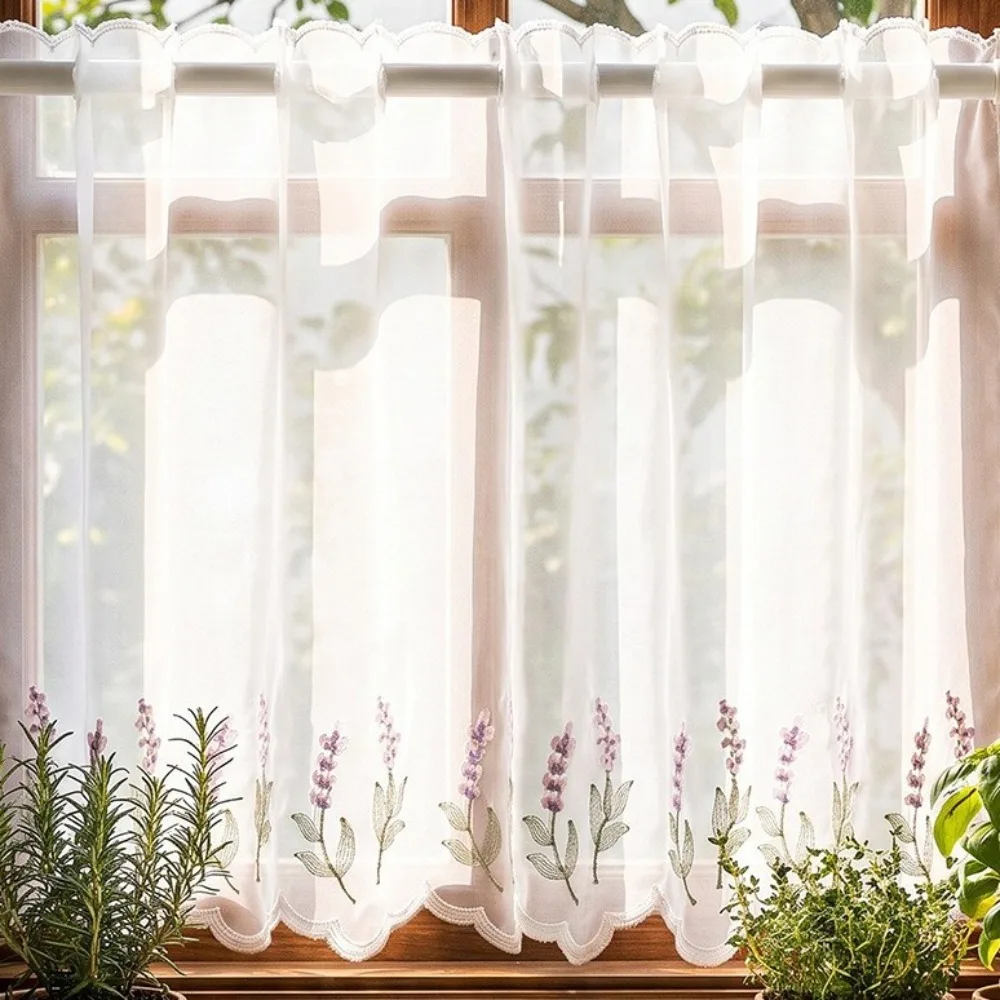 Lavender Pattern Floral Pattern Lace Curtains Dust-Proof Light Blocking Cafe Curtain Cottage Style Embroidered Floral