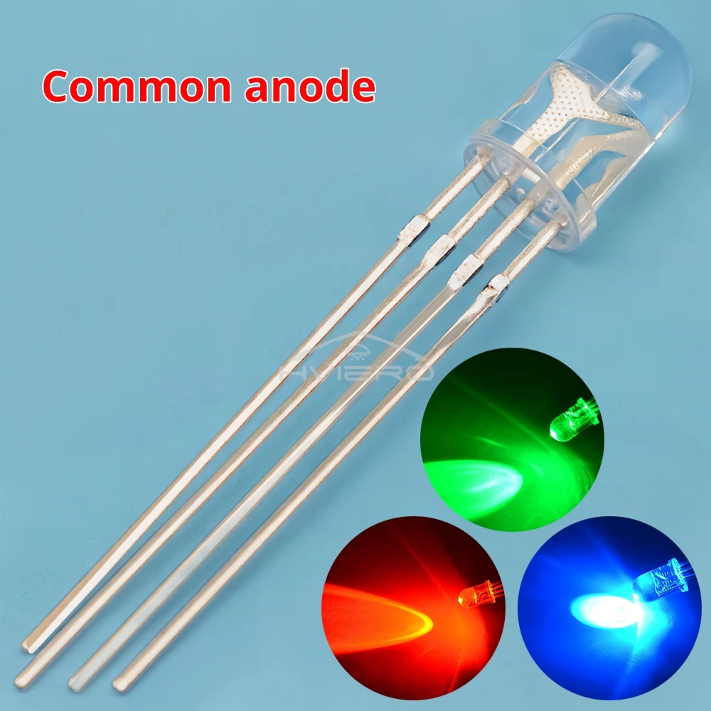 100Pcs Min 5mm Round LED Lamp Bead Water Clear RGB Tri-Color Emitting Diodes 4pin Bulb Common Cathode Decoration Atmosphere Neon