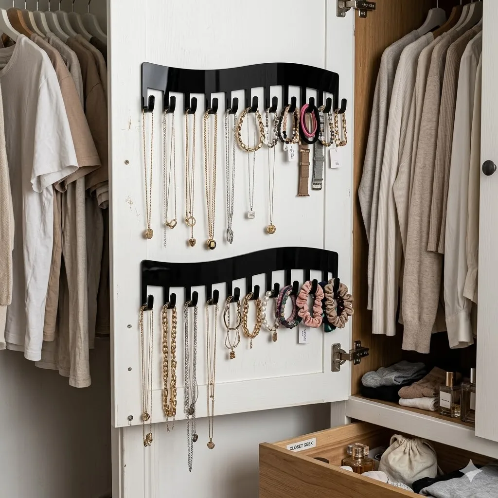 

Wall Mounted Jewelry Organizer Hanging Necklace Holder with Hooks, Wood Display Rack for Chains, Bracelets & Accessories, Minim