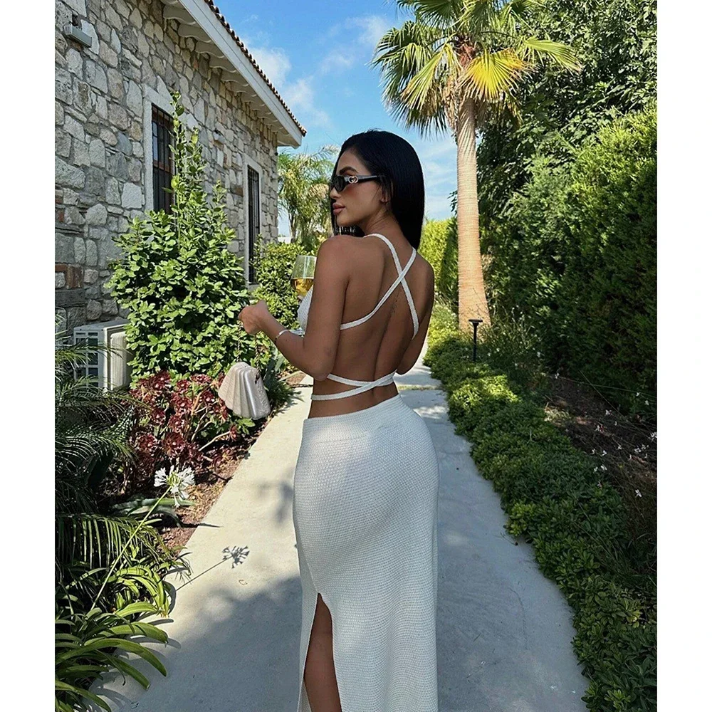 Damski zestaw: dziergana spódniczka i top na plażę, seksowny mini top z rozcięciem i długa spódnica, letnia ażurowa odzież plażowa, sukienka na imprezę, 2025