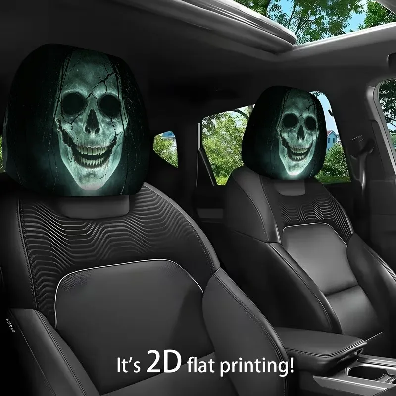 2pcs 2D Printed Horror Glow-in-the-Dark Skull with Cracked Face and Black Hair Car Headrest Covers, Spooky Halloween