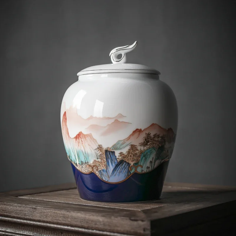 

Modern Landscape Painting Porcelain Jar Drawing Gold Sealed Ceramic Tank with Lid Tea Tank Desktop Decorative Jar Craft Ornament