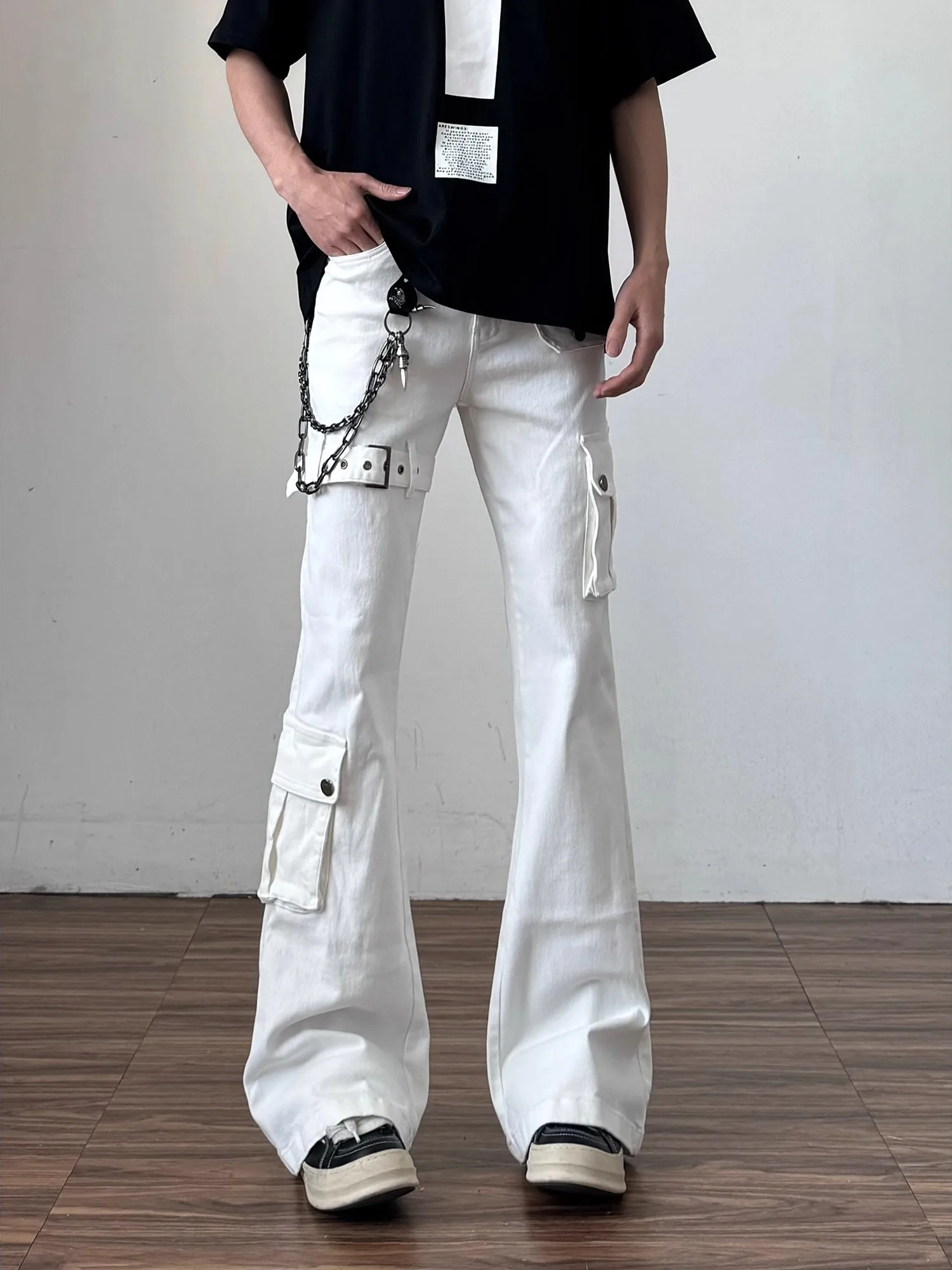 

White Bell Bot Jeans for Men American High Street Sle Wear Resistant Straight Tube Loose Fit Jeans for Daily Wear