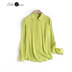 19MM Elastic Double Qiao 93%Natural Mulberry Silk Lapel Yellow Green OL Style Versatile Commuter Long Sleeved Women's Shirts