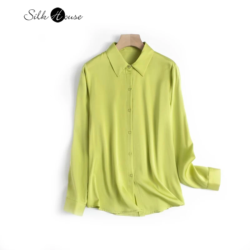 19MM Elastic Double Qiao 93%Natural Mulberry Silk Lapel Yellow Green OL Style Versatile Commuter Long Sleeved Women's Shirts