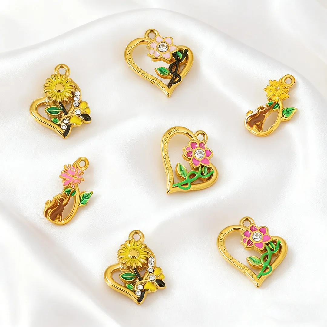 

5Pcs Stainless Steel Drip Oil Heart Flower Pendant DIY Necklace Earring Hanging Accessories Jewelry Components