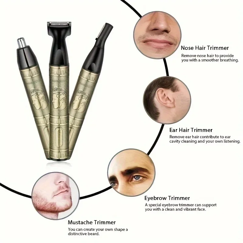 3-in-1Men's Grooming Kit USB Rechargeable,Aluminum Alloy Includes Nose Hair,Sideburn,Eyebrow Trimmers Ideal For Daily Travel Use