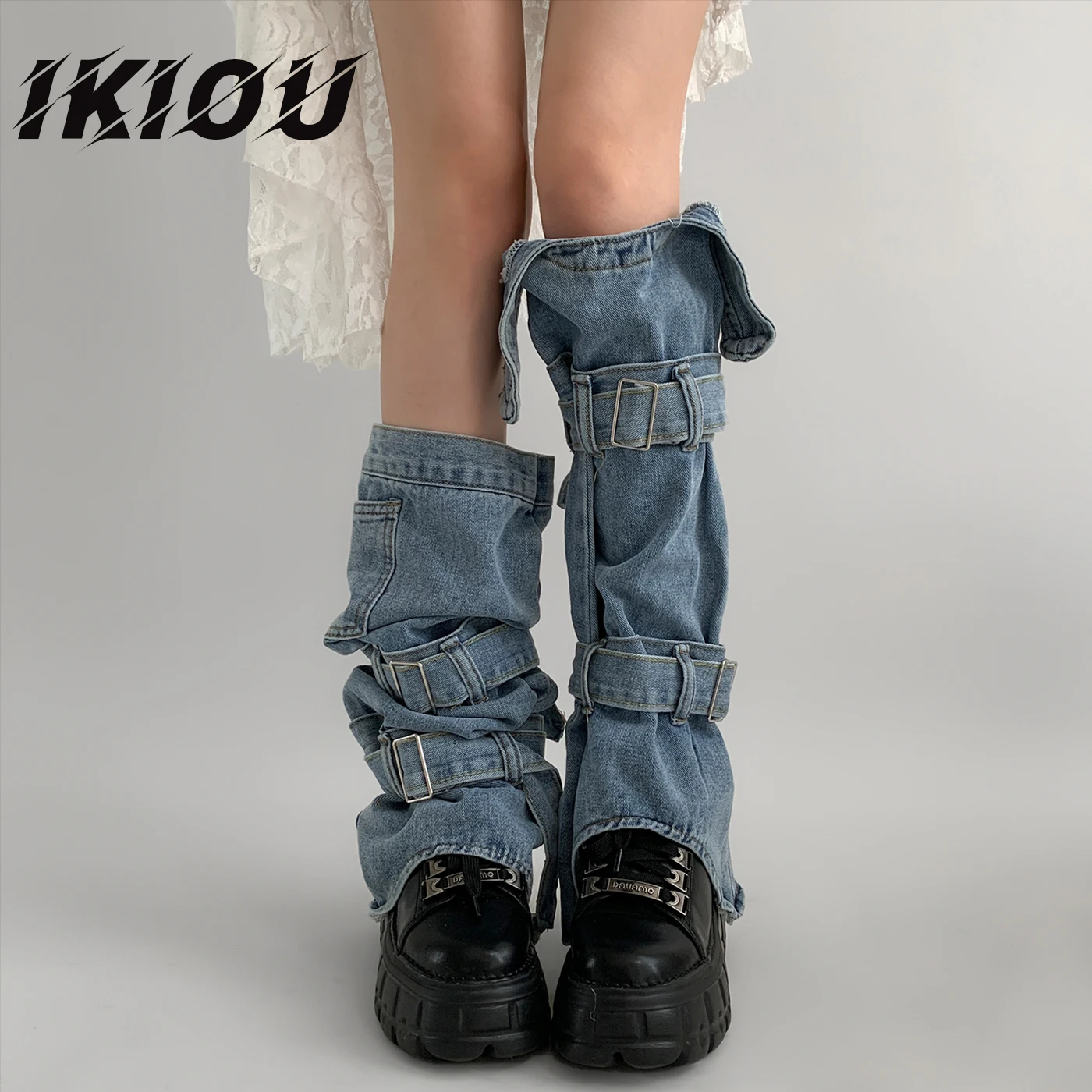 IKIOU Irregular Leg Warmers Made of Washed Denim, Y2K Style with Perfect Leg Shaping thigh slimmer  long socks  lolita