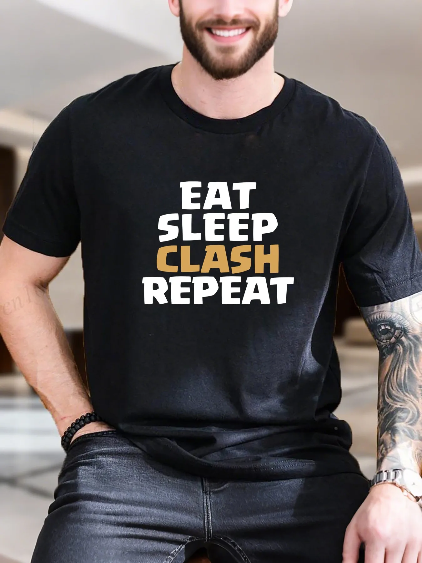 

New Arrival Fashion Men's Graphic Print Short Sleeve T-Shirt Soft Breathable 100% Cotton with Trendy Clash Text Design Casual Da