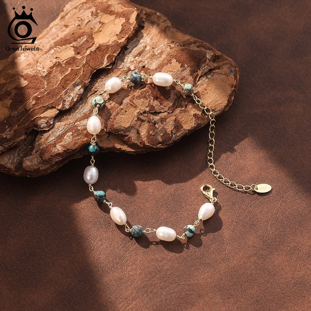 ORSA JEWELS S925 Pure Silver Boho 5mm Natural Hubei Turquoise Stone Beads Bracelet Chain With Freshwater Pearl Luck Gift MPB15