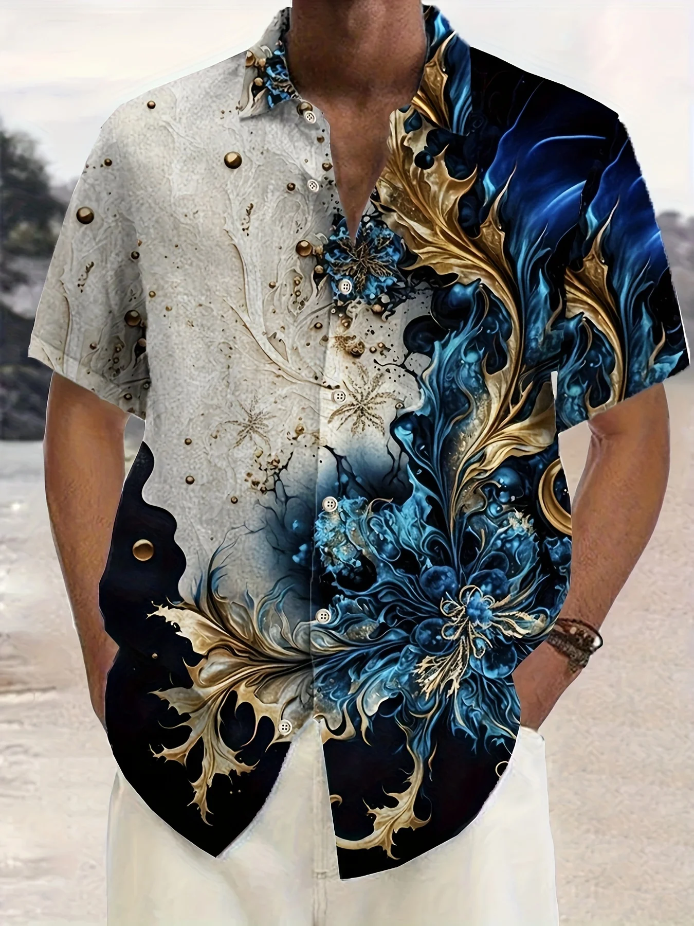 Plus size men's floral print shirts, casual lapel button down short sleeve shirts for outdoor activities