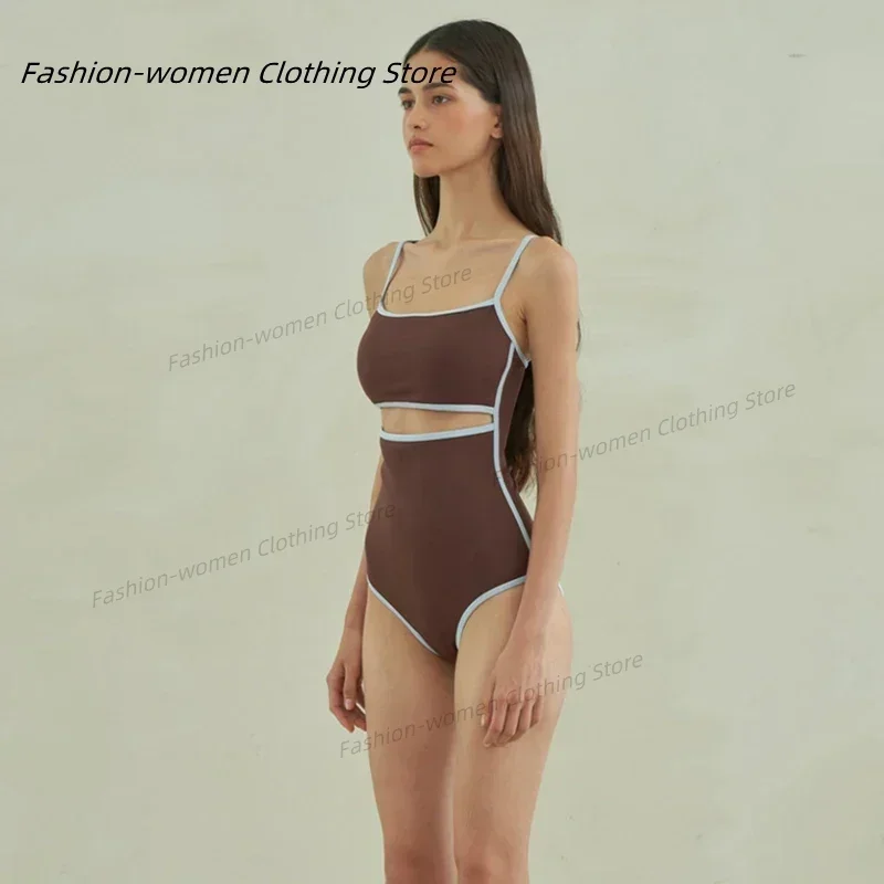 เซ็กซี่ One Piece ชุดว่ายน้ําผู้หญิงตัดชุดว่ายน้ําชุดว่ายน้ํา Monokini Bandeau ชุดว่ายน้ําเกาหลีเบาะชายหาดสวมสีน้ําตาล