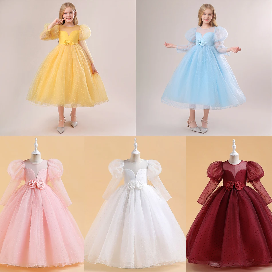 

Детское однотонное пышное платье принцессы с длинными рукавами, детский вечерний костюм с цветочным узором для девочек, дня рождения, свадьбы, карнавальная одежда на Хэллоуин