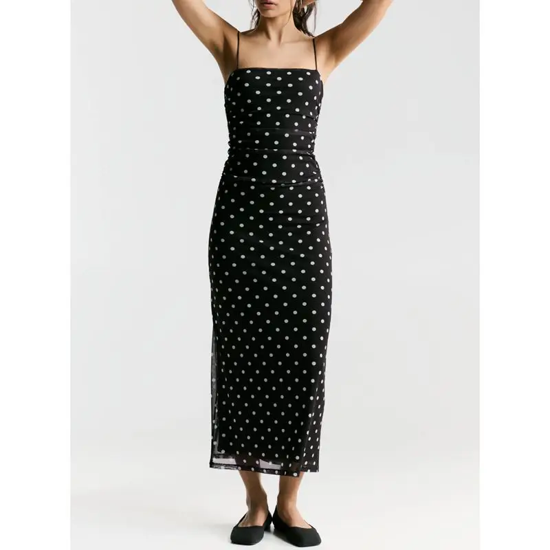 Combhasaki Abito lungo da donna estivo a pois senza maniche con scollo quadrato senza schienale in rete increspata a strati aderente aderente e aderente