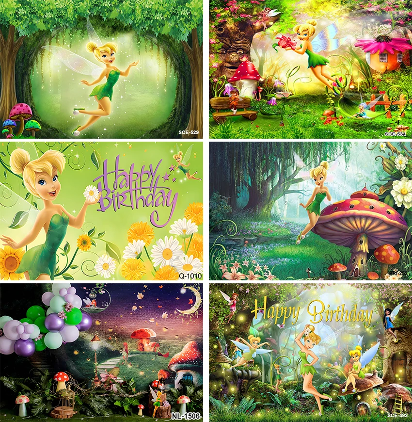 Fairy Backdrop for Tinker Bell Theme Birthday Party Green Photo Background for Tinkerbell Theme Party Cake Table Decorations