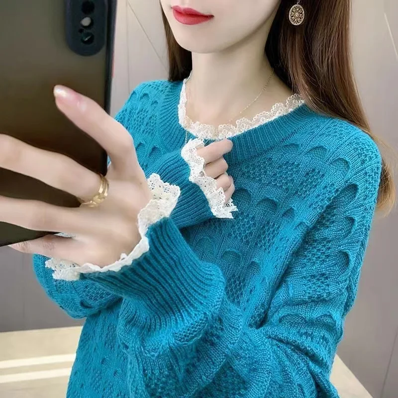 

2024 New Hollow Out Sweater Long Sleeve T-Shirt O-Neck Knitting Green Women's Pullover Loose Bottomed Casual Spring Autumn