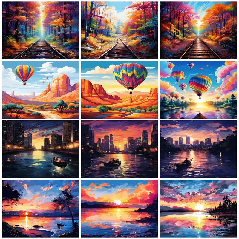 

SDOYUNO Painting By Acrylic Number Landscape City Balloon Sunset Hand Painting Picture Drawing Arts Crafts Wall Decoration Home