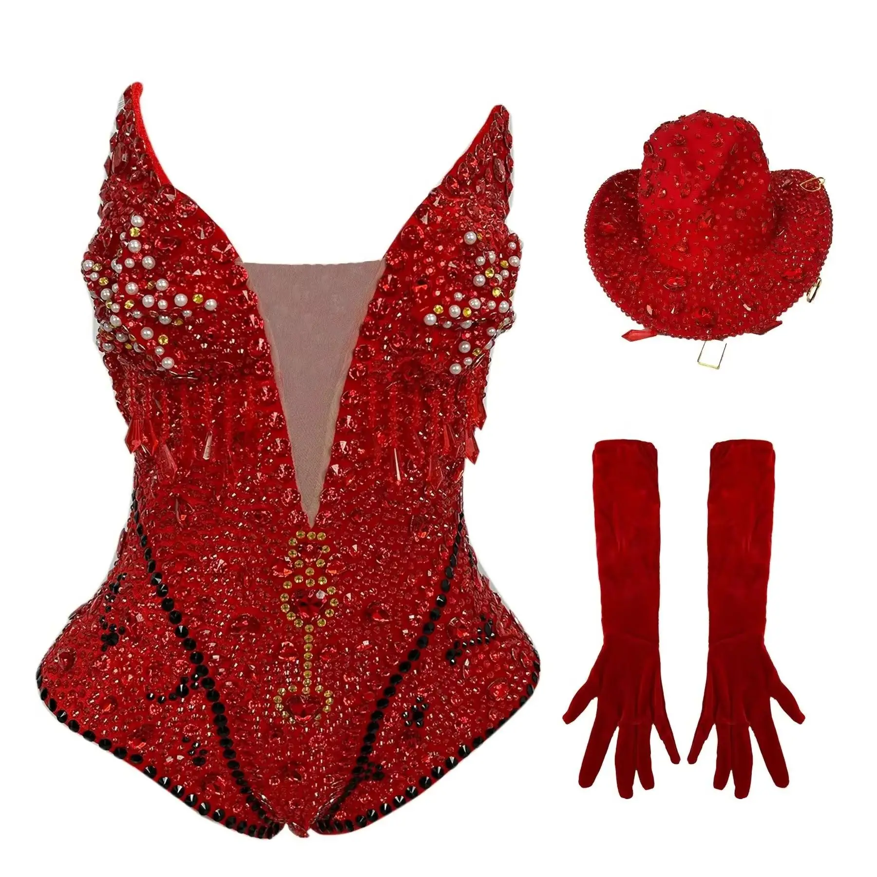 Women Sparkly Red Rhinestone V Neck Bodysuit with Cowboy Hat Gloves Club Stage Performance Wear Show Costume 3Pieces Set Qianwan