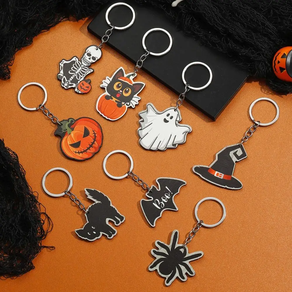 

Cute Bag Pendants Pumpkin Ghost Witch Hat Keychain Bag Charms Key Holder Halloween Keychain Wooden Car Hanging Birthday Gifts