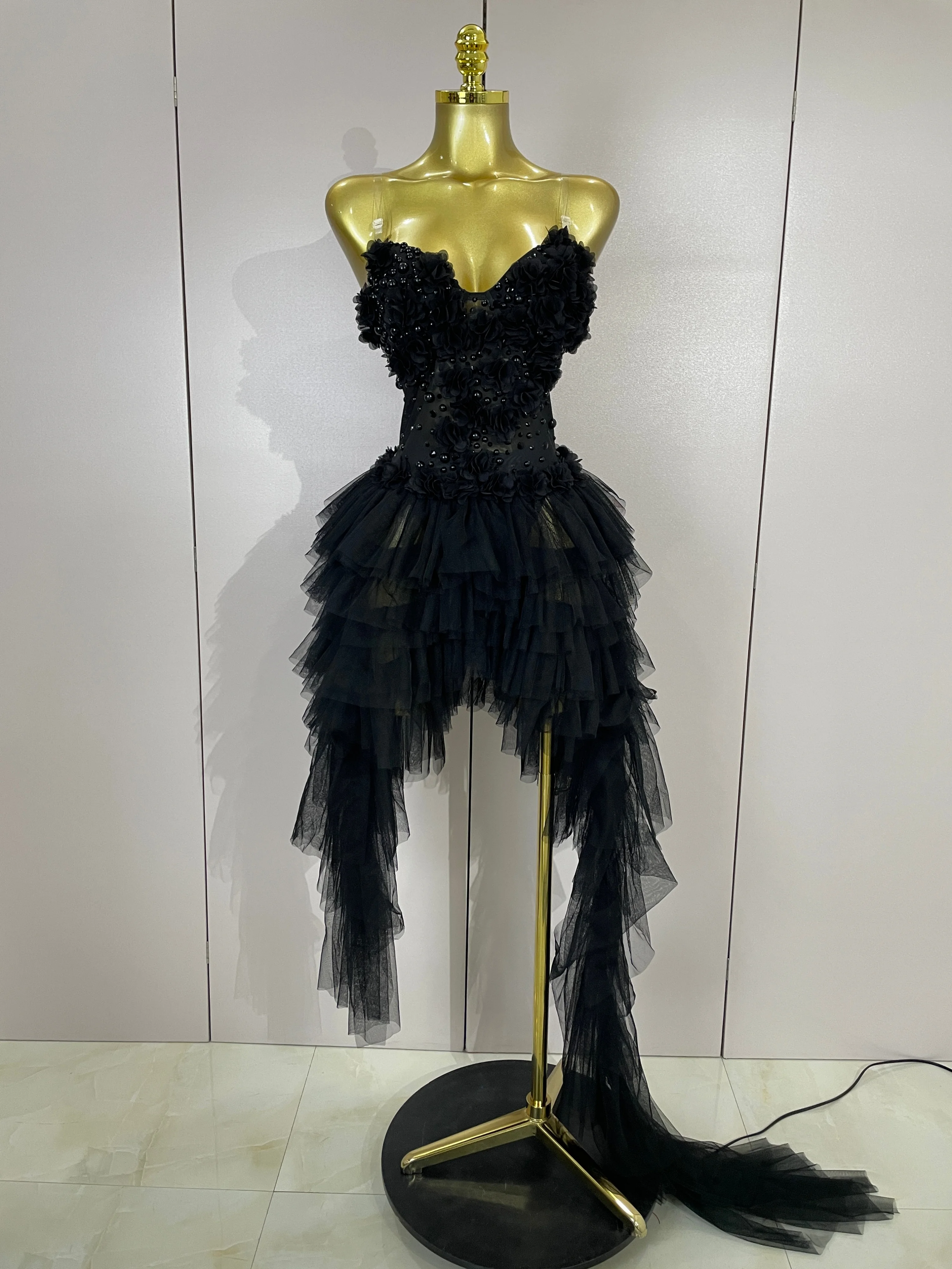 

Luxury Black Bodysuits Dress Strapless Flowers Pearl Mesh Asymmetric Dress Women Evening Party Birthday Photoshoot Stage Wear