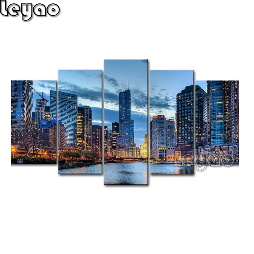 5 Panel Wall Art Diamond Painting Chicago Illinois USA Diamond Embroidery, Diamond Mosaic Home Decoration Multi-Picture