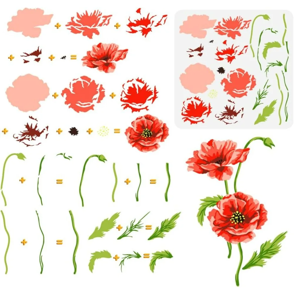 Layered Poppy Flower Painting Stencil 11.8x11.8 inch Reusable Poppy Wildflower Drawing Template DIY Craft Plant Floral Decor