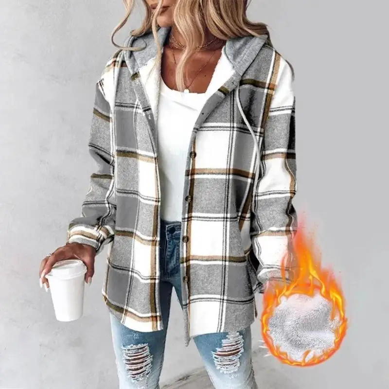 831A Women's Plaid Button-Down Long Sleeve Fleece Lined Hooded Casual Fashion Shirt