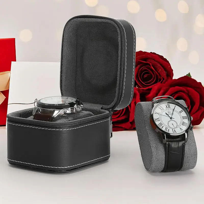 PU Leather Watch Travel Case - Single Square Box With Removable Cushion Jewelry Storage Organizer Portable