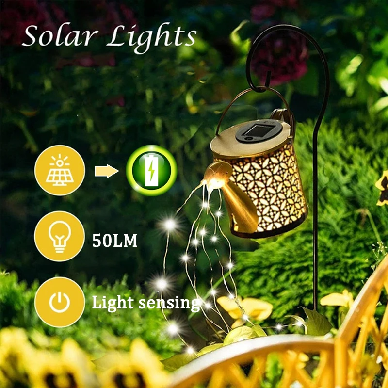 Outdoor Garden LED Solar Powered Hollow Out Can Sprinkles Fairy Lights Waterproof Metal Watering Can Landscape  Decor Lights