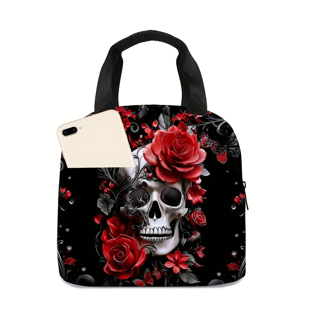 Skull Print Lunch Bag a Women'S Portable Storage Bag for Keeping Fresh While Out Trendy Insulated Bag Not for Contact
