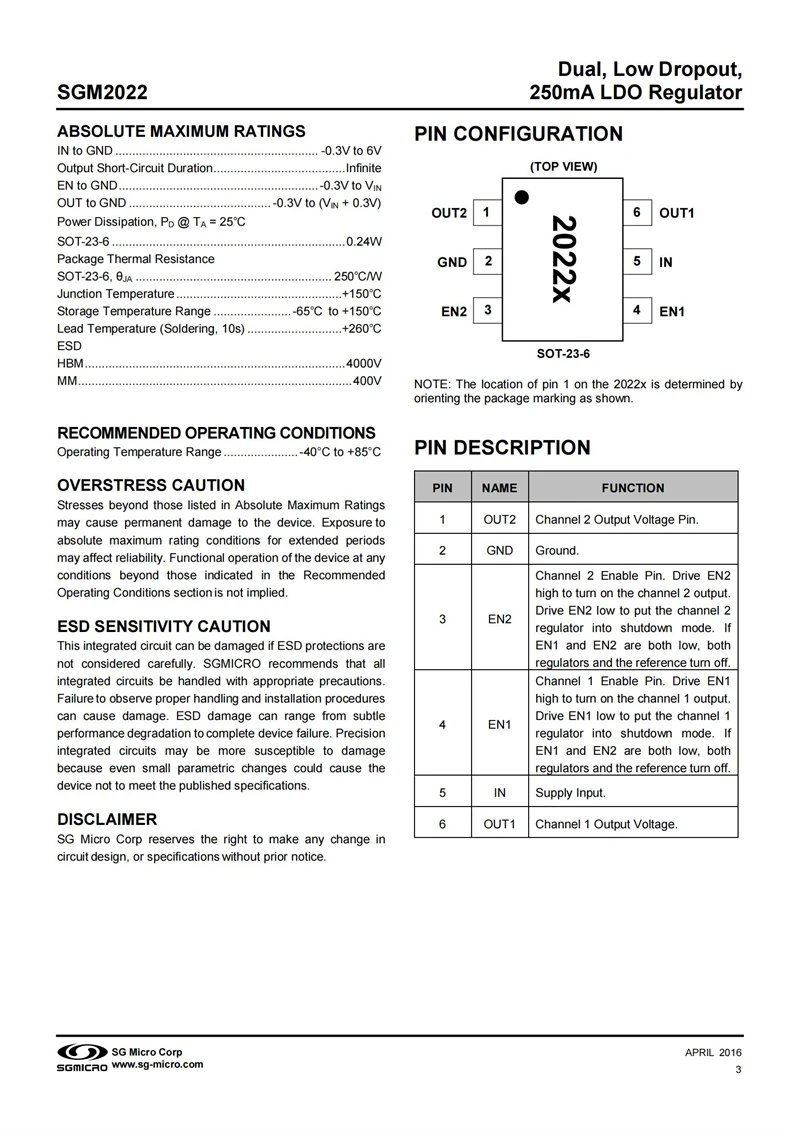 50Pcs/Lot SGM2022-HYN6/TR SOT-23-6 Dual,Low Dropout, 250mA LDO Regulator,Integrated circuit IC