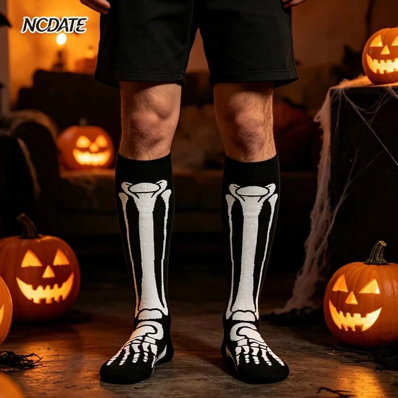 1/3/5 Pairs Men's Halloween Crew Socks Skeleton Bone Skull Pumpkin Printed Novelty Costume Party Sock BreathableMid-Calf Sox