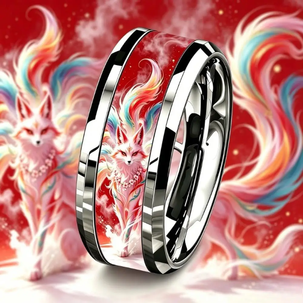 Mythical Nine Tailed Fox Ring, Chinese Style Spirit Fox Inlay Design Stainless Steel Ring, Wedding Jewelry Gift for Birthday